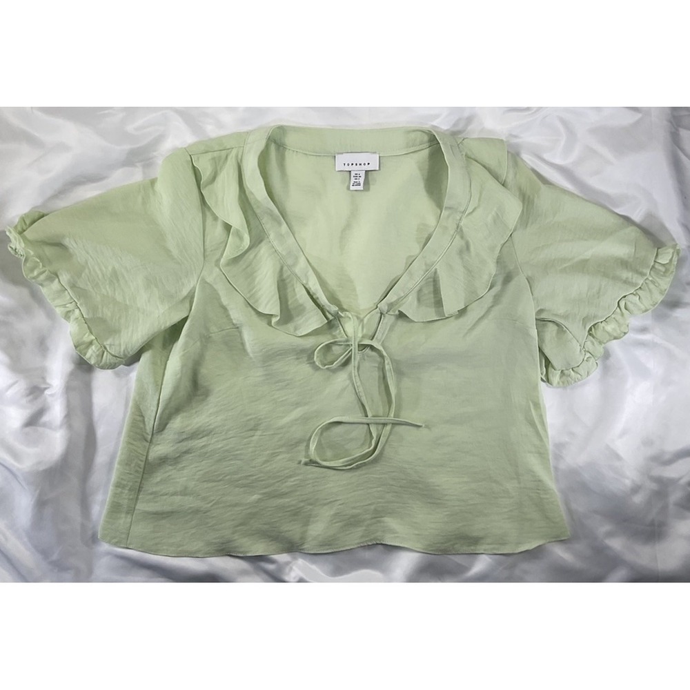 TOP SHOP Frill Short Sleeve Lime Green  Keyhole Blouse Women's Sz 2 Top 244